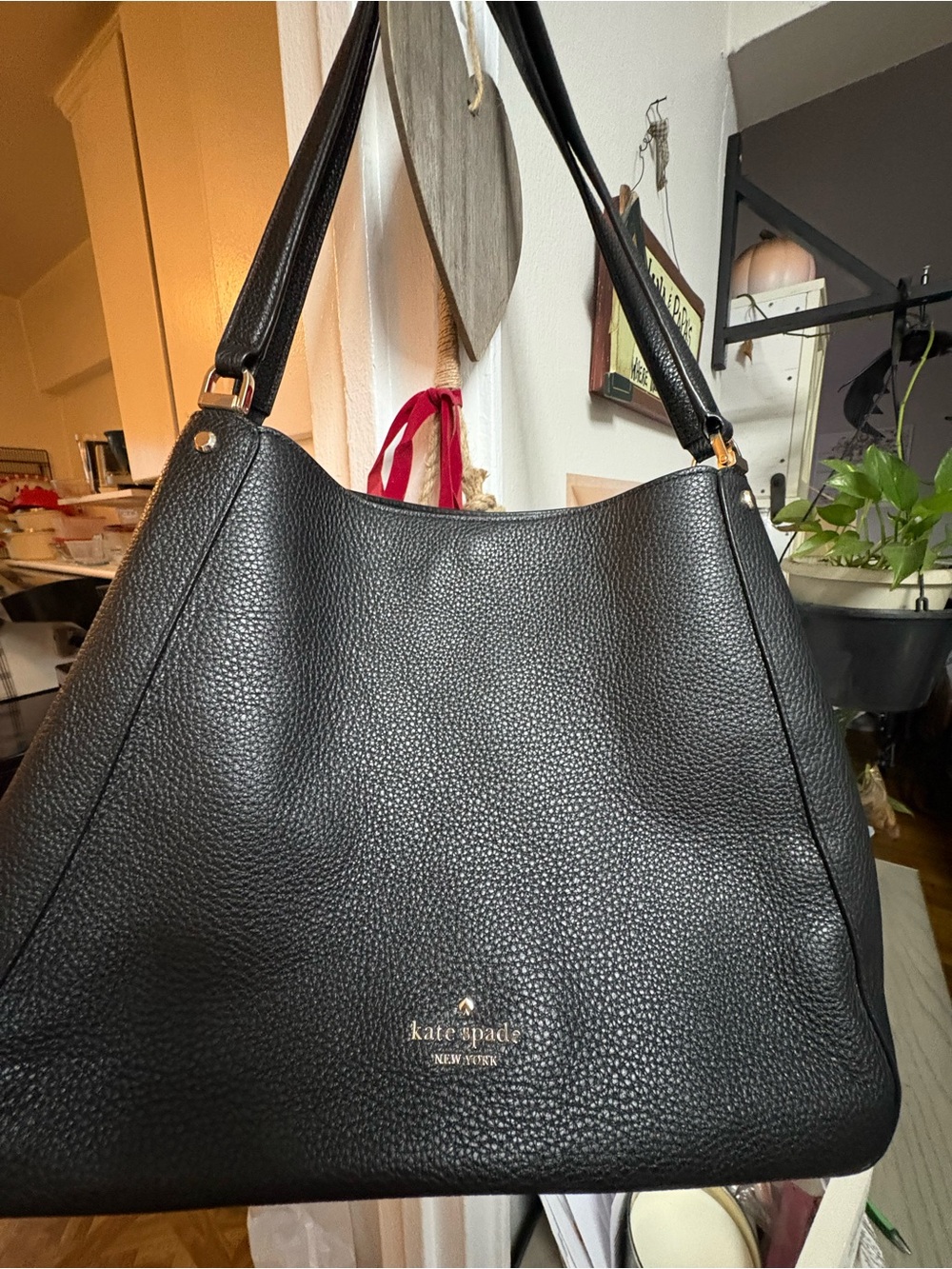 kate spade Black Pebbled Leather Shoulder Tote with Gold Accents